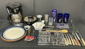 lot 95 image: Variety of Kitchenware inc. Mr. Coffee Coffee Pot, Silverware Tray and Contents, Cheese Knives, Glassware and More