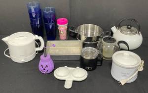 lot 96 image: Kitchenware and Small Appliances inc. Small Crock Pot, Yeti Coffee Mug, Tea Infuser Kettle, White Tea Kettle, In Pot Steamer, Blue Glassware and More