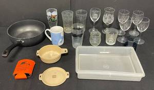 lot 97 image: Wine Glasses, Water Glasses, Holiday Mug, Food Storage Container wout Lid, Black Pan