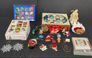 lot 98 image: VTG Christmas Ornaments (Glass, Plastic, Wood, Resin), Mini Christmas Themed Candle Stick Holders, Pickle Ornament and More