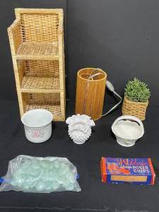lot 101 image: Nice Home Goods Lot inc. Wall Hanging Shelf, Faux Succulent, Hobnail Milk Glass Small Vase, Otagiri Basket w Handle and Duck, FTD Made in Japan Porcelain Cache Pot, VTG Poker Chips and More