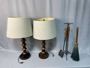 lot 115 image: 2 Decorative Wooden Base Table Lamps w New LED Bulbs & Fireplace Broom, Shovel & Holder