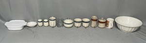 lot 134 image: Various Mugs  Cups  Corning Ware  Carousel Stoneware Sugar Creamer  Salt and Pepper  Kitchen Basics Colors