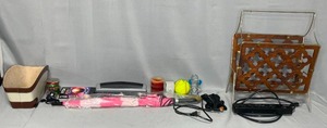lot 154 image: Pink and White Umbrella  Power Cord  Power Strip  Log Holder  Soft Ball  Candle  3 Hole Punch
