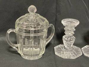 lot 197 image: Pair of Crystal Candle Holders, 1 4.5 Candle Holder, 3 Cordials, VTG Glass Sugar Dish w Lid 7