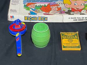 lot 203 image: Lot of Vintage Toys inc Richie Rich Game, Chess Game, Pinball Game, Doll Toy, Whistles, E-Z View Slide Sorter (unverified pieces), Pieces of Mr. Potato Head wo Box