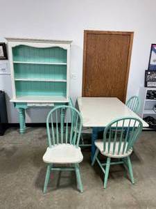 lot 184 image: Farmhouse Style Kitchen Table w 4 Chairs & Hutch