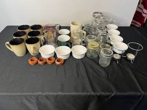 lot 85 image: Lot of Assorted Kitchenware Inc Coffee Mugs, Napkin Rings, Bowls, Ceramic Butter Warmers, Canning Glassware, ETC