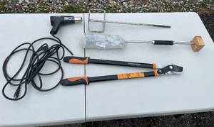 lot 31 image: Assorted Tools Lot - Heat Gun, Mortar Mixer, and Pruning Shears