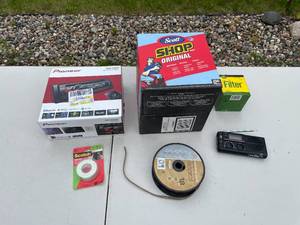 lot 35 image: Assorted Lot with Pioneer Car Stereo, Scott Shop Towels, Speaker Wire, Oil Filter, and More