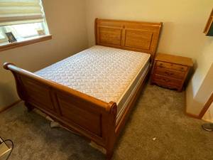 lot 173 image: Solid Wood Queen Bed Frame with Mattress and Nightstand Set