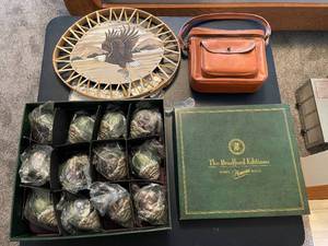 lot 177 image: Assorted Collectibles Lot including Bradford Editions Ornaments, Leather Handbag, and Painted Eagle Wall Art