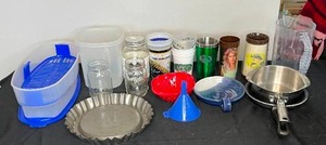 lot 101 image: VTG Farrah Fawcett Cup, Bell Jars, Plastic Storage Containers, Pitcher, Strainer & Pans