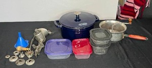 lot 103 image: VTG Meat Grinder, Food Network Dutch Oven, Misc Plastic Storage Containers, Funnel & More