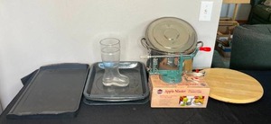 lot 111 image: Broiler Pan, Lazy Susan, Apple Master in orig box, Large Pot w Lid