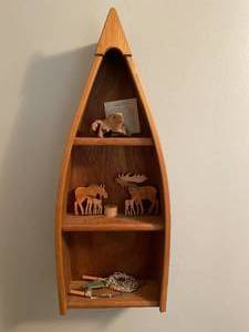 lot 187 image: Wooden Boat Shaped Shelf with Animal Carvings and Fishing Accessories