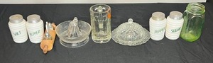 lot 134 image: Antique Kitchenware Collection - Glassware, Salt, Pepper & Sugar Dispensers, Decorative Rolling Pin w Mini S&P, Juicer, Covered ButterCandy Dish & More