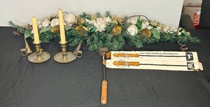 lot 136 image: Lot of Antique Brass Candle Holders w Snuffers, Decorative Garland, and John Deere Barbecue Branding Iron