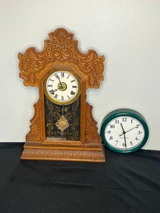 lot 143 image: Antique Wooden Mantel Clock (untested) with Quartz Wall Clock