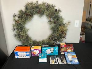 lot 229 image: Lot of Assorted LED Light Bulbs and Accessories with Decorative Wreath