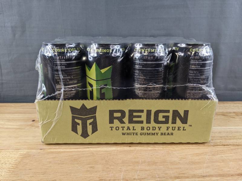 lot 24A image: New Reign Total Body Fuel White Gummy Bear Pack of 12 Fitness & Performance Drink, 16 Fluid Ounce Cans Q