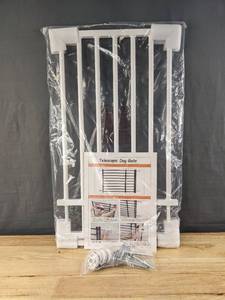 lot 101 image: New Malier White Metal Telescopic Dog Gate with Door, Retails for $45.99 B
