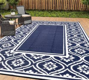 lot 17 image: Brand New Hugear Outdoor Rug 8 x 10 Patio Waterproof, Foldable Reversible Plastic Straw Area Rugs Mat Retails for $85.99 - Blue and White B
