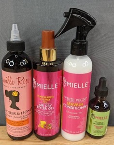 lot 99F image: New Mielle Organics Rosemary Mint Scalp & Hair Strengthening Oil White Peony Sulfate-Free Leave-In Conditioner Pomegranate & Honey Air Dry Styler Gel Camille Rose Ultimate Growth Serum, Cocoa Nibs & Honey Package Retail $48.67 I