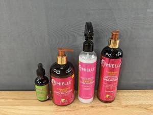 lot 41F image: New Mielle Organics Rosemary Mint Scalp & Hair Strengthening Oil, Pomegranate & Honey Curl Smoothie, Organics White Peony Sulfate-Free Leave-In Conditioner, Organics Pomegranate & Honey Shampoo, Package Retail $45.56 I