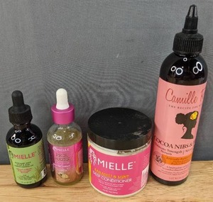 lot 66F image: New Mielle Rice Water Hair Split End Therapy Mielle Organics Babassu Oil & Mint Deep Conditioner Camille Rose Ultimate Growth Serum, Cocoa Nibs & Honey Mielle Rosemary Mint Scalp & Hair Strengthening Oil Package Retail $47.90 I