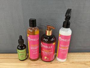 lot 35F image: New Mielle Organics Rosemary Mint Scalp & Hair Strengthening Oil, Pomegranate & Honey Curl Smoothie, Organics White Peony Sulfate-Free Leave-In Conditioner, Babassu Conditioning Shampoo, Package Retail $48.14 I