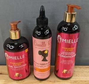 lot 57F image: New Camille Rose Ultimate Growth Serum, Cocoa Nibs & Honey Mielle Pomegranate & Honey Curl Smoothie Mielle Organics Pomegranate & Honey Detangling Conditioner Package Retail $41.12 I