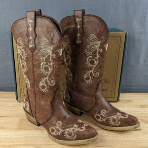 lot 21F image: Brand New Rollda Mid-Calf Embroidered Snip Toe Cowgirl Boots Womens Size 7 Dark Brown L