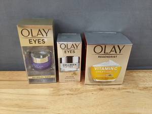 lot 36F image: Brand New Olay Face Products - Retinol 24 Night Eye Cream, Regenerist Collagen Peptide 24 MAX Eye Cream, Regenerist Vitamin C  Peptide 24 MAX Hydrating Moisturizer $58.79 Retail O