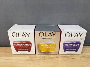 lot 26F image: Brand New Olay Facial Products - Niacinamide Hydrating Cream, Regenerist Vitamin C  Peptide 24 Hydrating Moisturizer, Retinol 24 Night Moisturizer $78.90 Retail O