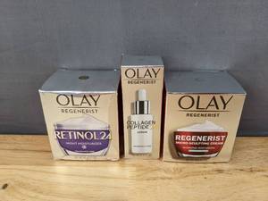 lot 23F image: Brand New Olay Regenerist Facial Products - Retinol 24 Night Moisturizer, Collagen Peptide 24 Serum, Micro-Sculpting Cream $61.90 Retail O