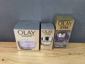 lot 60F image: Brand New Olay Face Products - Regenerist Night Recovery Cream, Shea Butter  Peptide 24 Rich Eye Cream,  Retinol 24 MAX Night Eye Cream $77.44 Retail O