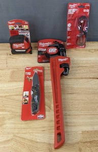 lot 25B image: Brand New Milwaukee Safety and Tools Fog-Free Glasses, Pipe Wrench, Tape Measure, Knife $172.85 Retail N