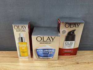 lot 20F image: Brand New Olay Facial Products - Vitamin C  Peptide 24 Brightening Serum, Regenerist Hyaluronic  Peptide 24 Hydrating Gel, Regenerist Moisture Regenerating Serum (Fragrance-Free) $87.32 Retail O