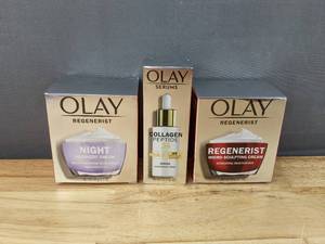 lot 40E image: Brand New Olay Face Products - Regenerist Night Recovery Cream, Collagen Peptide 24 MAX Serum, Regenerist Micro-Sculpting Cream $56.04 Retail O