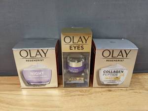 lot 28F image: Brand New Olay Facial Products - Regenerist Night Recovery Cream, Regenerist Collagen Peptide 24 MAX Hydrating Moisturizer, Retinol 24 MAX Night Eye Cream $81.54 Retail O