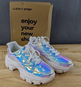 lot 99B image: Lucky Step Chunky Platform Shoes Womens Size 8.5 White Hologram L