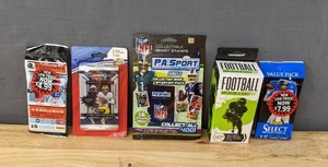 lot 25E image: Lot of 5 New Factory Sealed NFL Trading Cards and Stamps Panini 2022 Chronicles, 2022 Pro Picks, PA Sports Collectible Sports Stamps, Collectors Edge, Panini Select Draft Picks 22 I