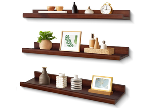 lot 107 image: Set of 3 New Annecy 23.6 Dark Walnut Solid Wood Floating Shelves, Retails for $40.99 B