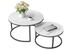 lot 27 image: Brand New QSSLLC Round Nesting Coffee Table Set of 2 with Faux Marble Top, Black Metal Frame B