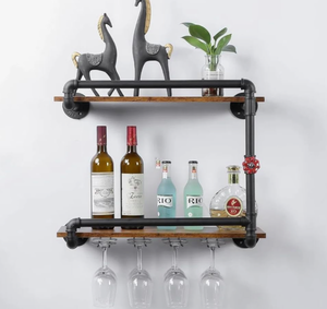 lot 134 image: Polunca Wall Mounted 2-Tier Wine Rack, Industrial Pipe Decor in Black B