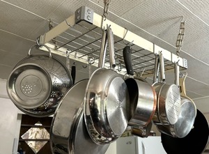 lot 99 image: Ceiling Mount Pot and Pan Rack and Variety of Cookware