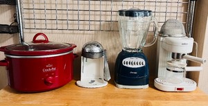 lot 131 image: Small Kitchen Appliances including Crock Pot, Coffee Press, Blender and Espresso Machine