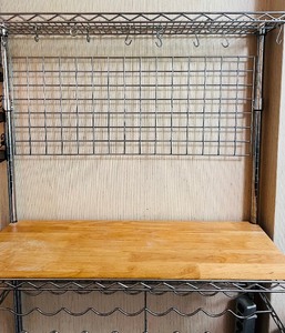 lot 134 image: Bakers Rack in Wood and Stainless with Shelves and Hangers