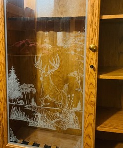 lot 101 image: Vintage Gun Cabinet with Etched Frosted Glass Door, Key for Glass Door and Locking Lower Compartment